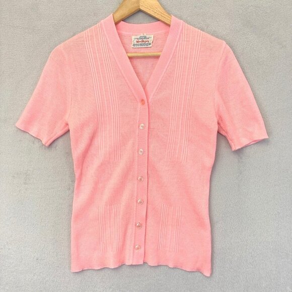 Vintage MacHenry Womens Button Up Short Sleeve Sweater Size Large Pink Cardigan - Picture 1 of 12